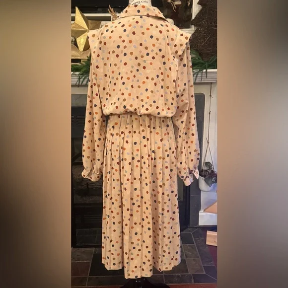 Vintage Leslie Fay Cream Tan Polkadot Long Sleeve Blouson Dress Union Made Sz 12 - Picture 7 of 10
